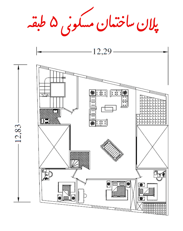 پلان ساختمان مسکونی 5 طبقه (3 خواب)